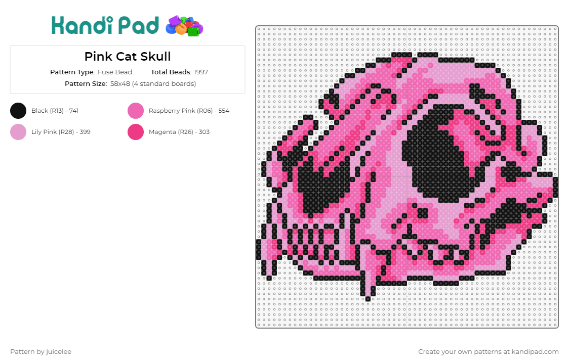 Pink Cat Skull - Fuse Bead Pattern by juicelee on Kandi Pad - gpt this fuse bead pattern offers a striking depiction of a pink cat skull,blending the edgy symbolism of a skull with the playful allure of feline charm,perfect for a unique and bold kandi creation. 