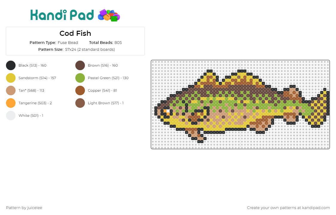 Cod Fish - Fuse Bead Pattern by juicelee on Kandi Pad - cod,fish,animal,ocean,marine,sea life,charm,lifelike,beauty,project,green,brown