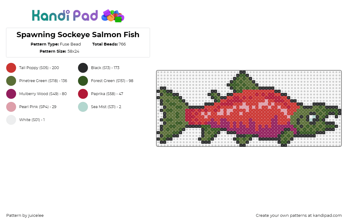 Spawning Sockeye Salmon Fish - Fuse Bead Pattern by juicelee on Kandi Pad - salmon,fish,animal,marine life,aquatic,ocean,marine,creature,red