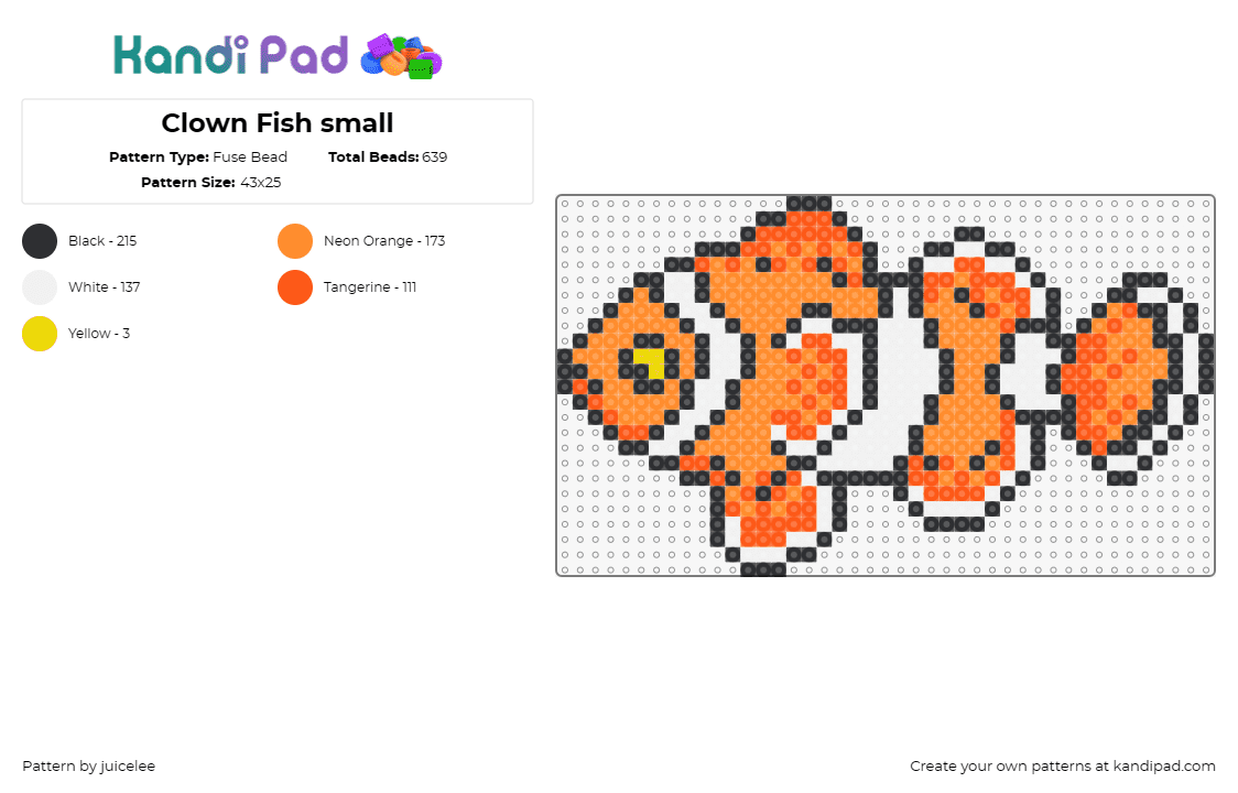 Clown Fish small - Fuse Bead Pattern by juicelee on Kandi Pad - fish,animal,nemo,clownfish,oceanic,marine life,small,miniature,playful,orange,wh