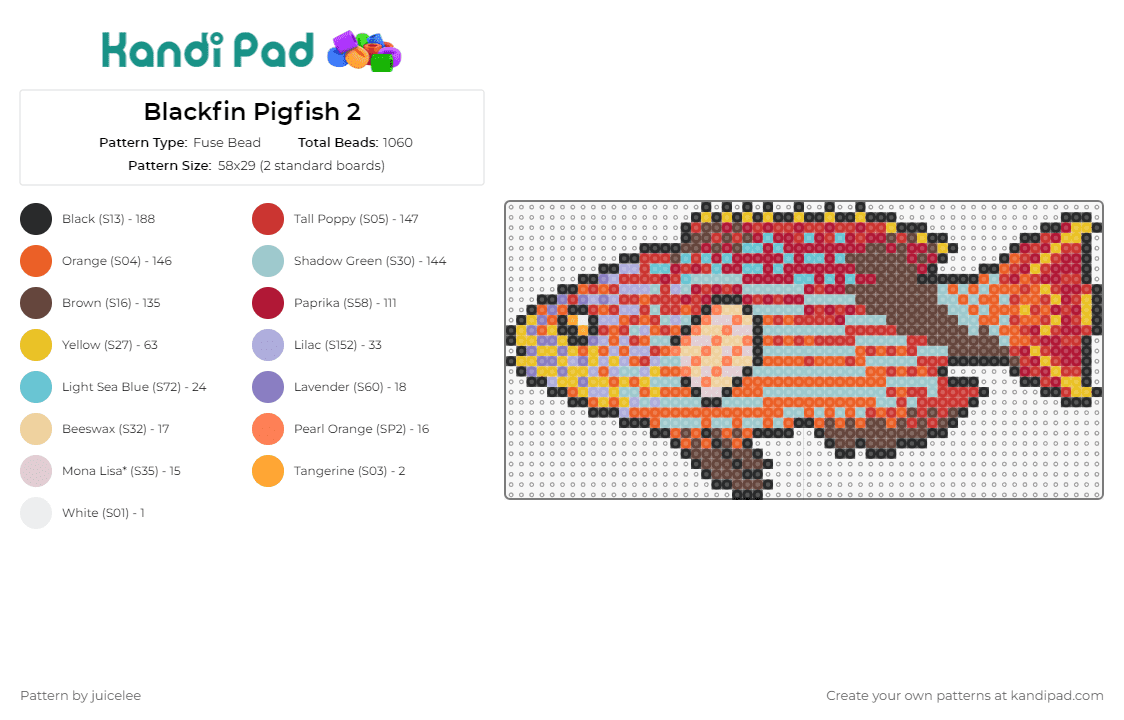 Blackfin Pigfish 2 - Fuse Bead Pattern by juicelee on Kandi Pad - blackfin pigfish,fish,ocean,tropical,colorful,stripes,orange,red