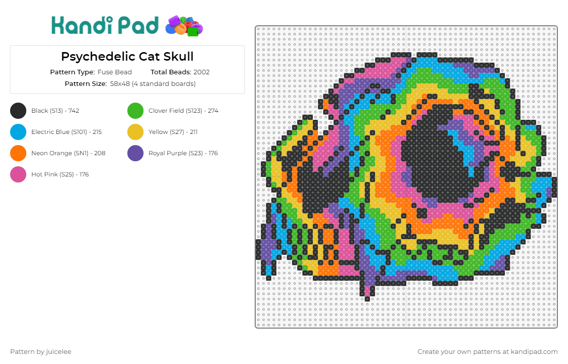 Psychedelic Cat Skull - Fuse Bead Pattern by juicelee on Kandi Pad - trippy,colorful,cat,animal,skull,vibrant,psychedelic,twist,creative,multicolored