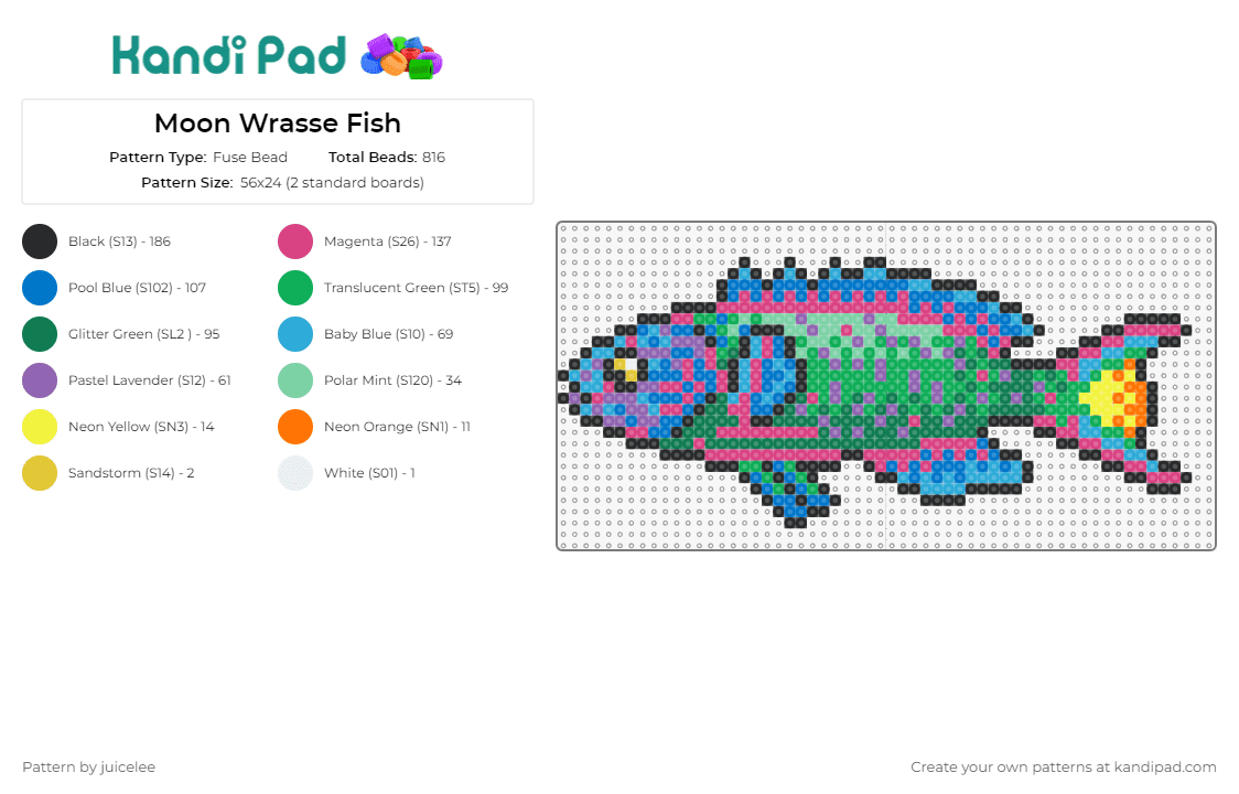 Moon Wrasse Fish - Fuse Bead Pattern by juicelee on Kandi Pad - moon wrasse,fish,animal,colorful,vibrant,marine,playful,bold,tropical,green