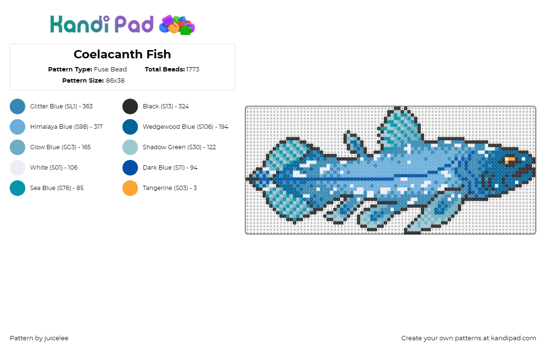 Coelacanth Fish - Fuse Bead Pattern by juicelee on Kandi Pad - coelacanth,fish,animal,ancient,marine,prehistoric,living fossil,oceanic,blue