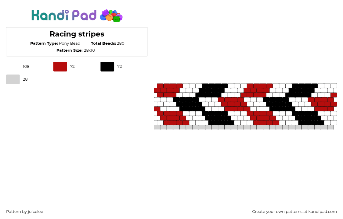 Racing stripes - Pony Bead Pattern by juicelee on Kandi Pad - checker,racing,geometric,cuff,classic racing red,speed,thrill,red,black,white