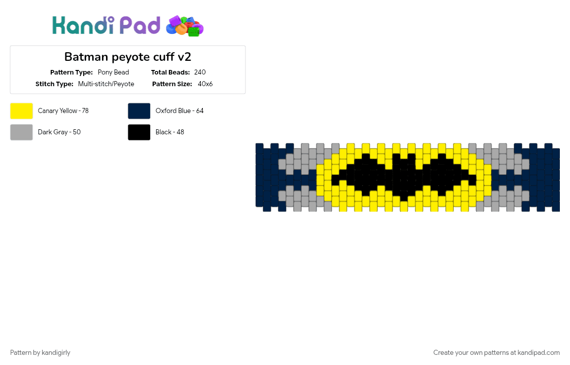 Batman peyote cuff v2 - Pony Bead Pattern by kandigirly on Kandi Pad - blue, yellow