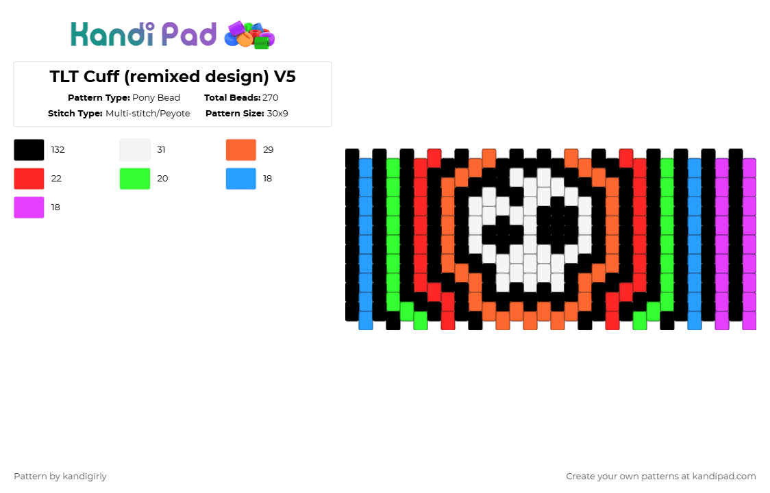TLT Cuff (remixed design) V5 - Pony Bead Pattern by kandigirly on Kandi Pad - black,green,red,orange