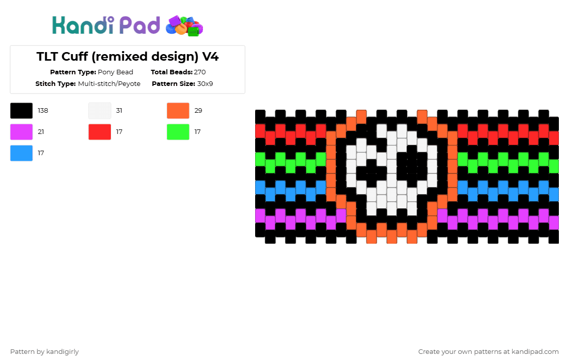 TLT Cuff (remixed design) V4 - Pony Bead Pattern by kandigirly on Kandi Pad - black,orange,pink