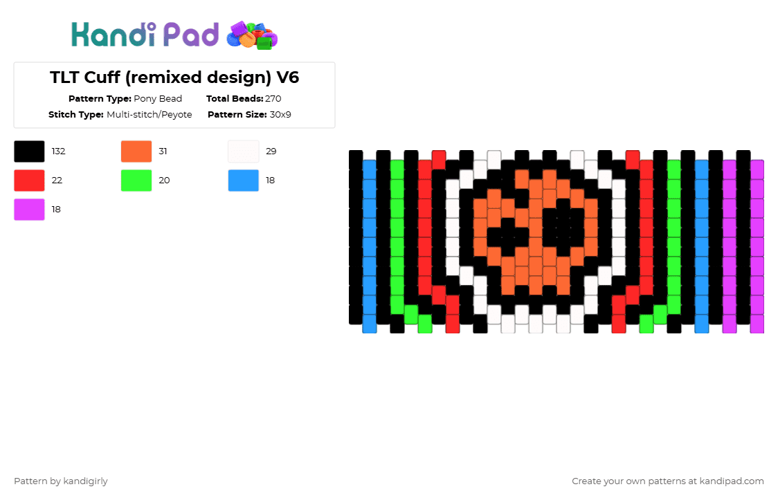 TLT Cuff (remixed design) V6 - Pony Bead Pattern by kandigirly on Kandi Pad - black,red,orange