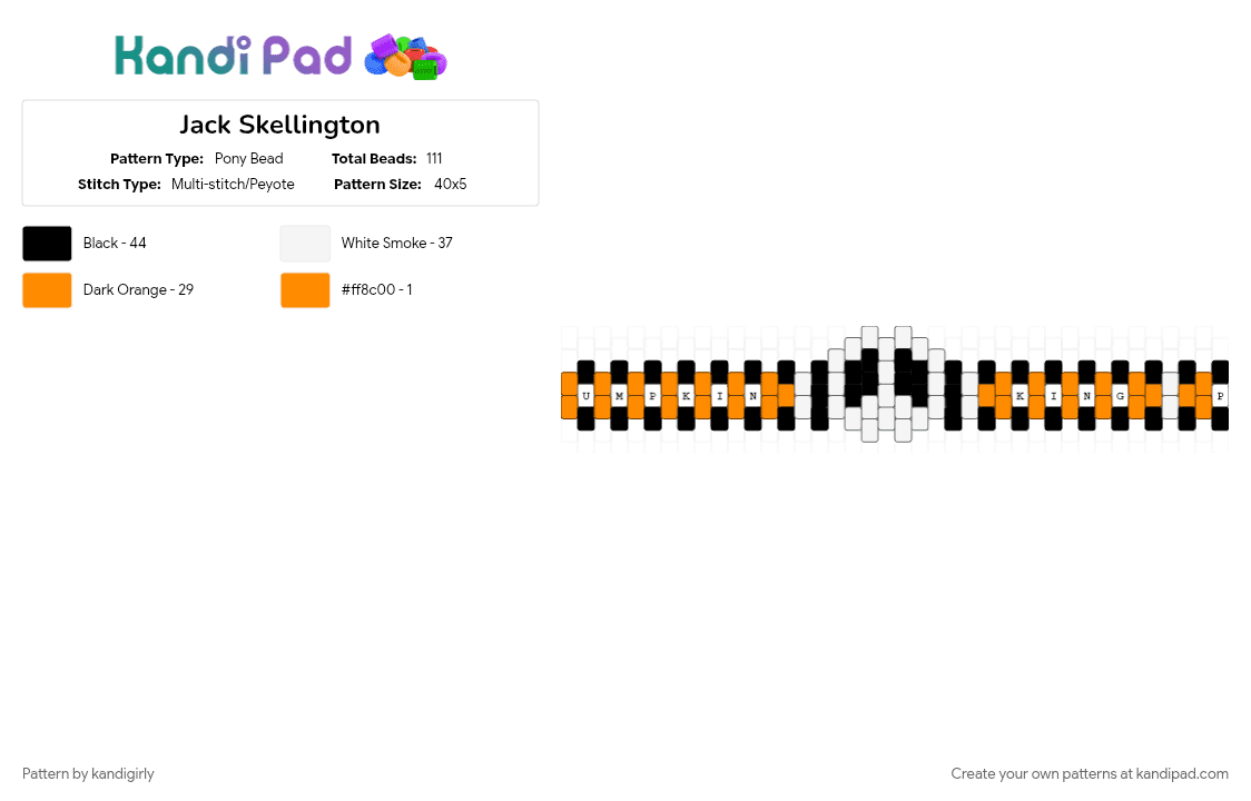 Jack Skellington - Pony Bead Pattern by kandigirly on Kandi Pad - orange, white