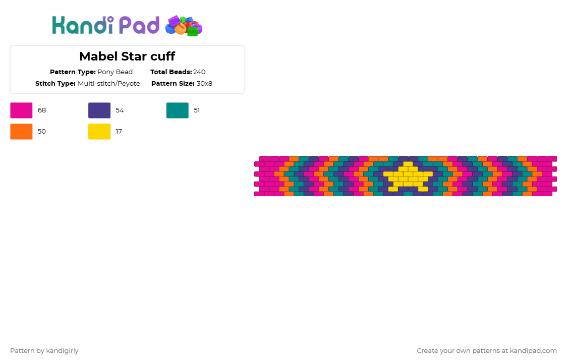 Mabel Star cuff - Pony Bead Pattern by kandigirly on Kandi Pad - pink,orange,purple,teal