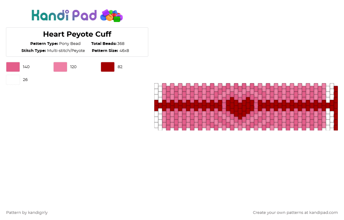 Heart Peyote Cuff - Pony Bead Pattern by kandigirly on Kandi Pad - pink,cotdvalentinesday2026,heart,red