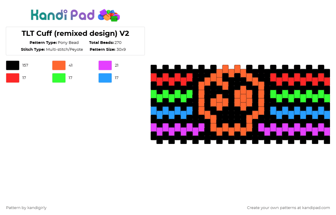 TLT Cuff (remixed design) V2 - Pony Bead Pattern by kandigirly on Kandi Pad - black,orange,pink