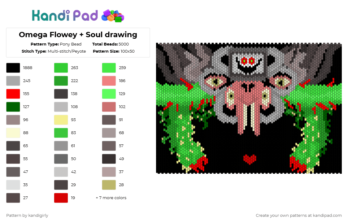 Omega Flowey + Soul drawing - Pony Bead Pattern by kandigirly on Kandi Pad - red,beige,gray,green