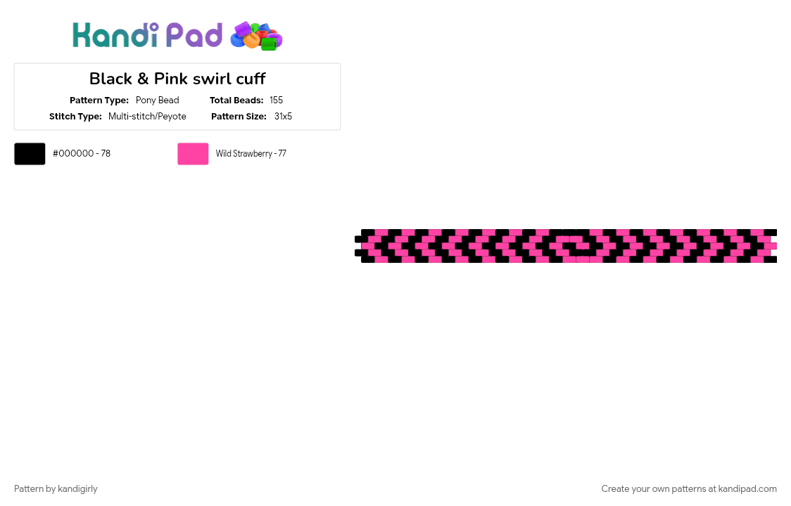 Black & Pink swirl cuff - Pony Bead Pattern by kandigirly on Kandi Pad - black, pink