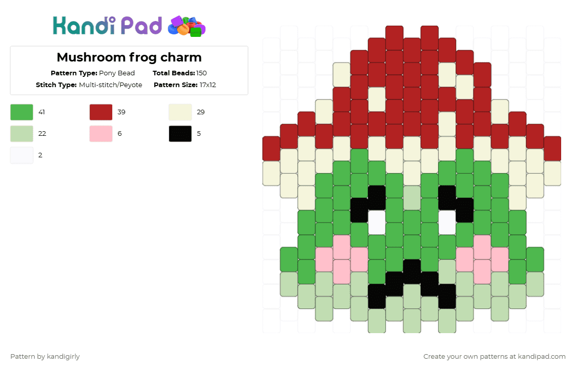 Mushroom frog charm - Pony Bead Pattern by kandigirly on Kandi Pad - green,red