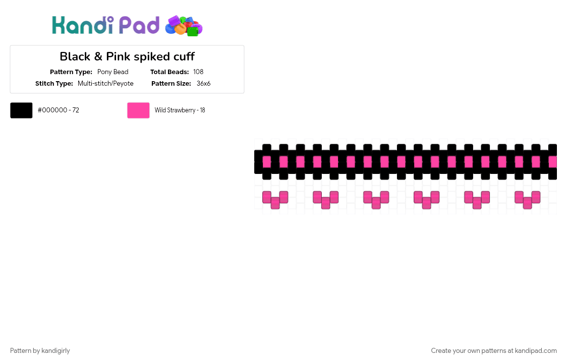 Black & Pink spiked cuff - Pony Bead Pattern by kandigirly on Kandi Pad - black, pink