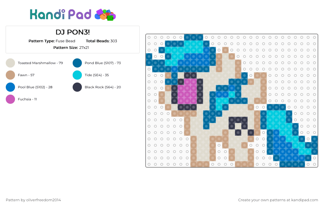 DJ PON3! - Fuse Bead Pattern by oliverfreedom2014 on Kandi Pad - blue,beige,dj pon3,vinyl scratch,dj pony,mlp,my little pony