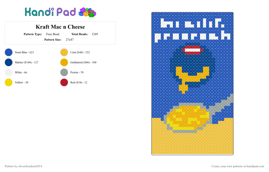 Kraft Mac n Cheese - Fuse Bead Pattern by oliverfreedom2014 on Kandi Pad - blue, mac and cheese, mac n cheese, macoroni, macoroni and cheese, pasta, yellow