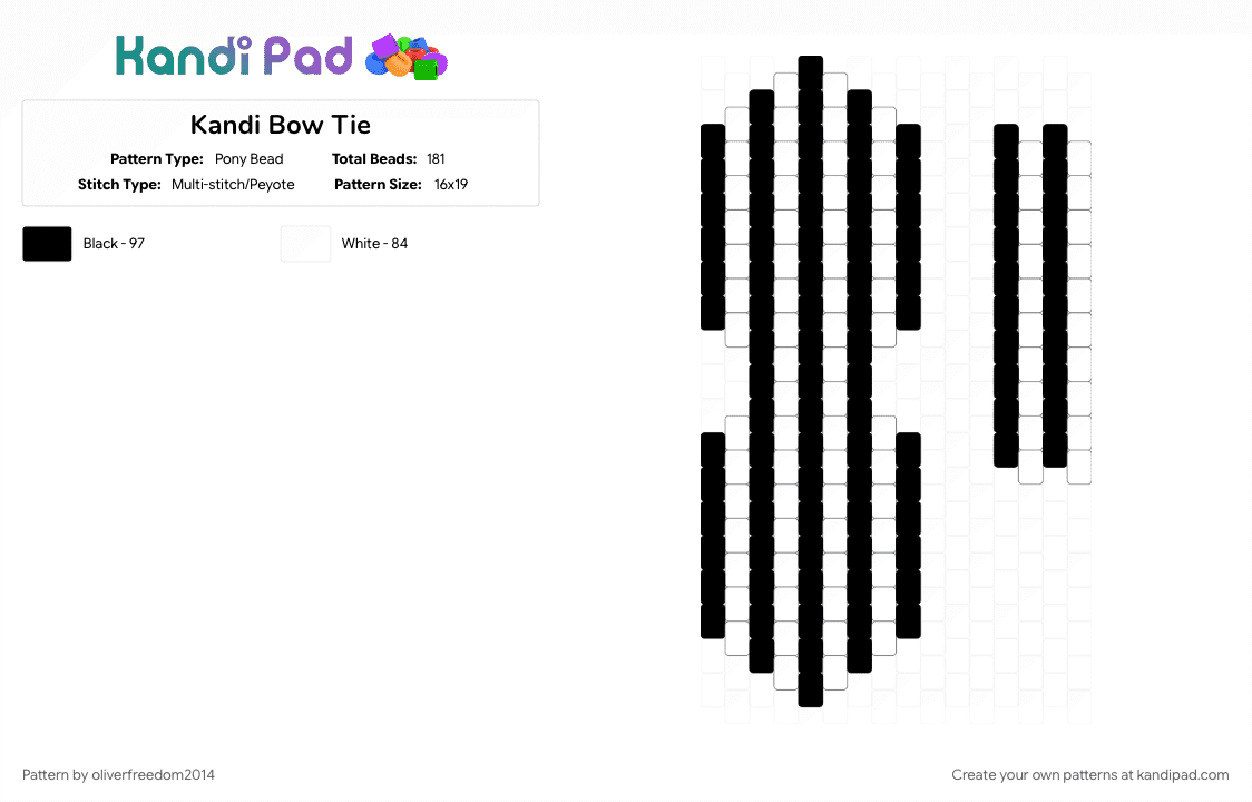 Kandi Bow Tie - Pony Bead Pattern by riverthefurryxd on Kandi Pad - black, white