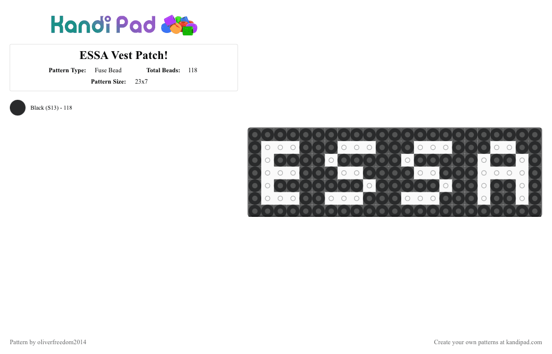 ESSA Vest Patch! - Fuse Bead Pattern by riverrivah on Kandi Pad - black, dssa, emotional support, emotional support stuffie, essa, rssa, ssd, stuffed animal