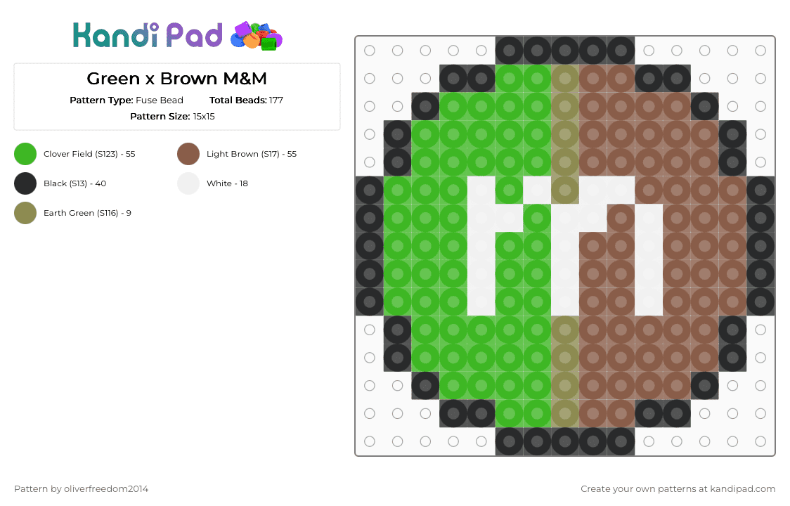 Green x Brown M&M - Fuse Bead Pattern by oliverfreedom2014 on Kandi Pad - candy, candy kandi, green, kandi candy, m and m, mnm, sweets, tan