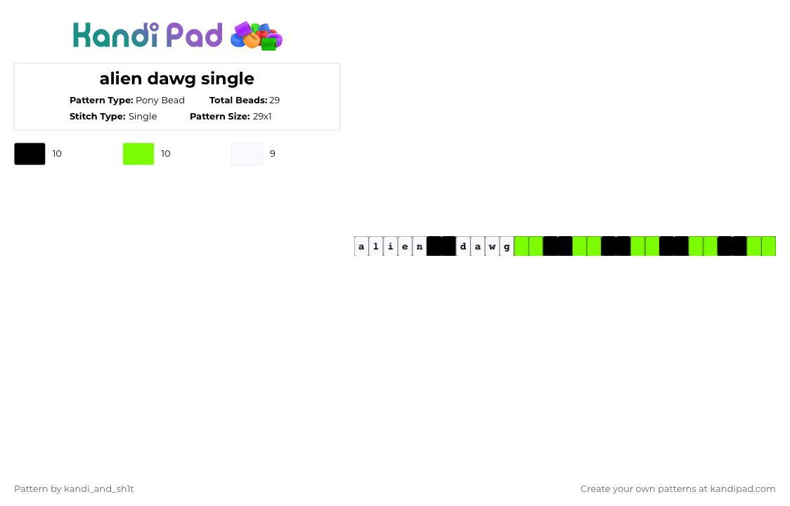 alien dawg single - Pony Bead Pattern by kandi_and_sh1t on Kandi Pad - white,green