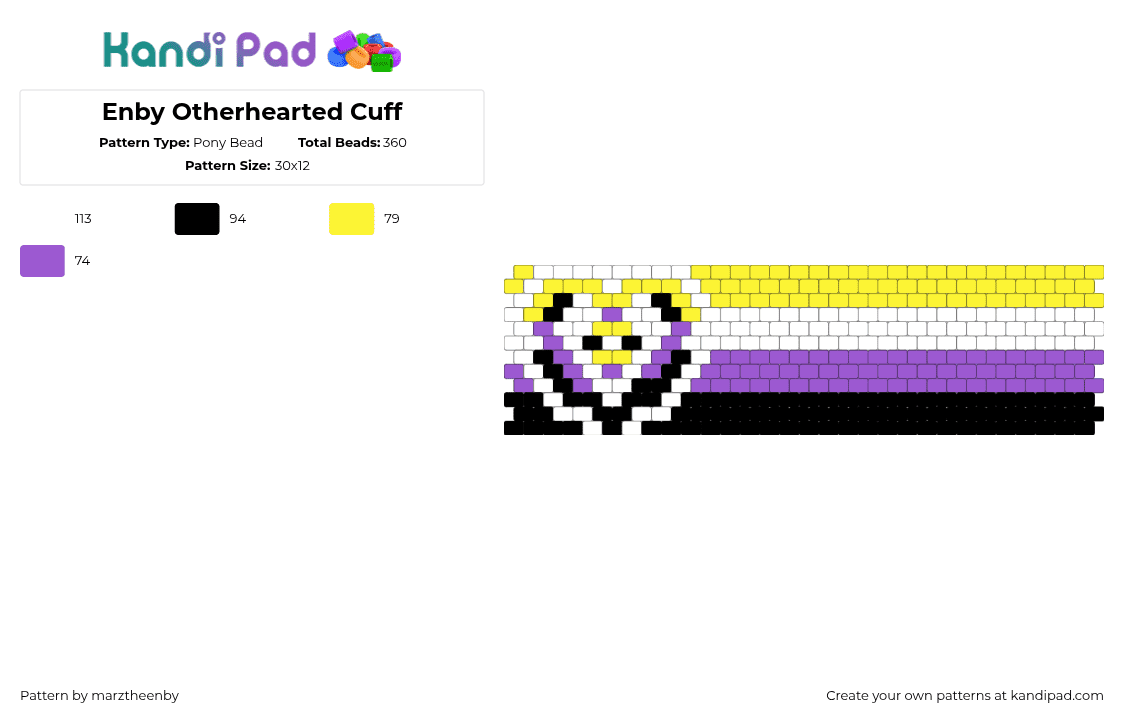 Enby Otherhearted Cuff - Pony Bead Pattern by s0ur_vixence on Kandi Pad - purple,yellow,enby,otherhearted,alterhuman,nonbinary,pride,lgbtq