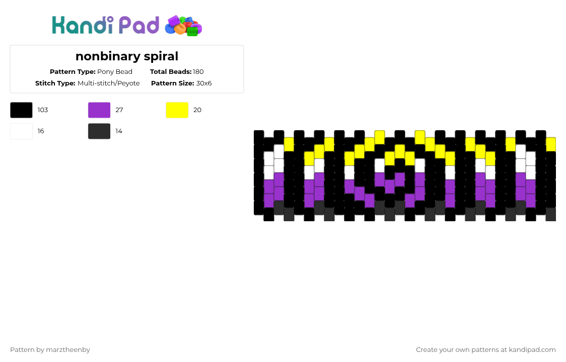 nonbinary spiral - Pony Bead Pattern by s0ur_vixence on Kandi Pad - black,yellow,purple,nonbinary,cuff