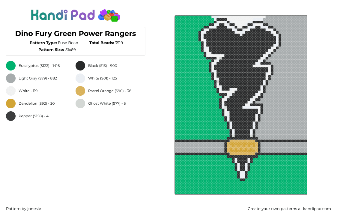Dino Fury Green Power Rangers Fuse Bead Pattern - Kandi Pad | Kandi ...