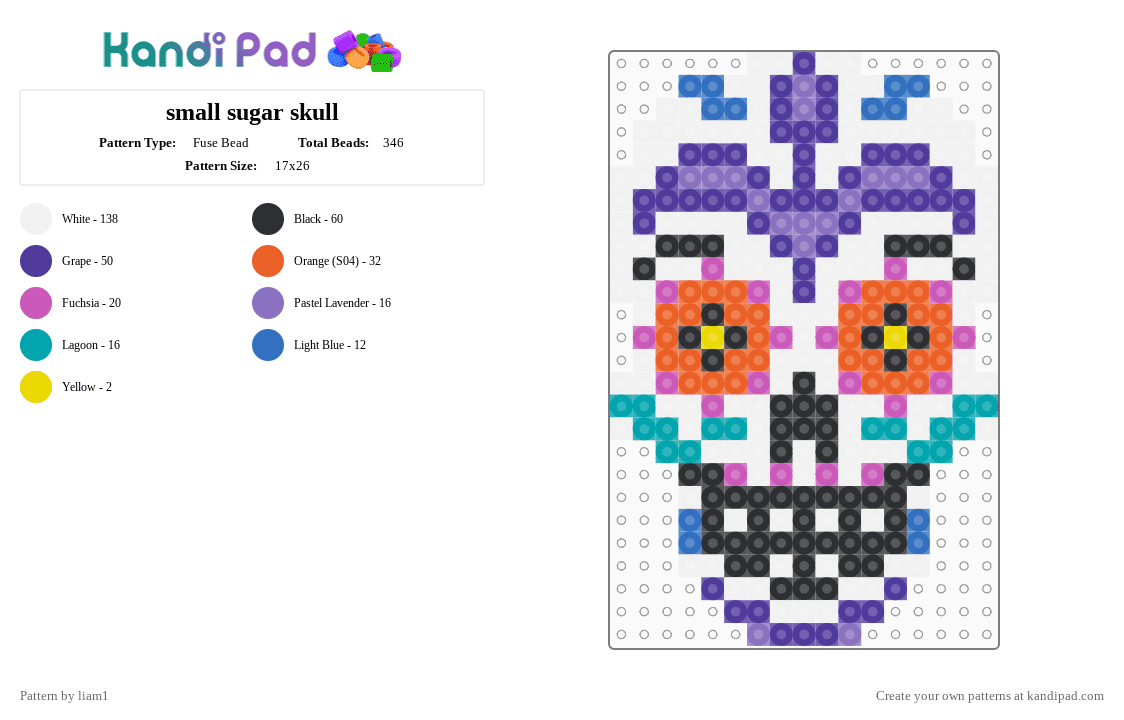 small sugar skull - Fuse Bead Pattern by liam1 on Kandi Pad - white,purple,blue,orange