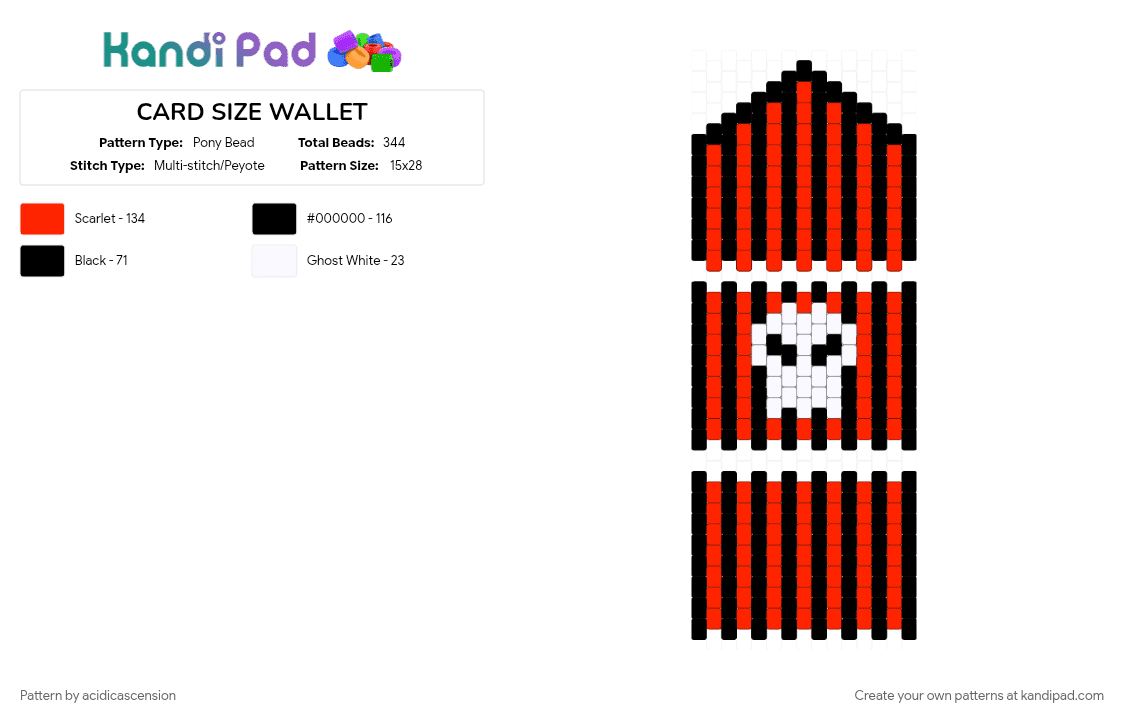 CARD SIZE WALLET - Pony Bead Pattern by acidicascension on Kandi Pad - black, black and red, edgy, emo, panels, red, skull, wallet