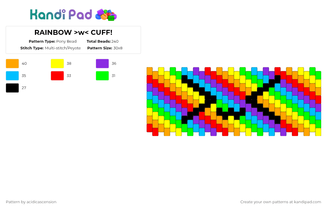 RAINBOW >w< CUFF! - Pony Bead Pattern by acidicascension on Kandi Pad - orange,light blue,colorful,rainbow,cute,cuff,silly,scenecore