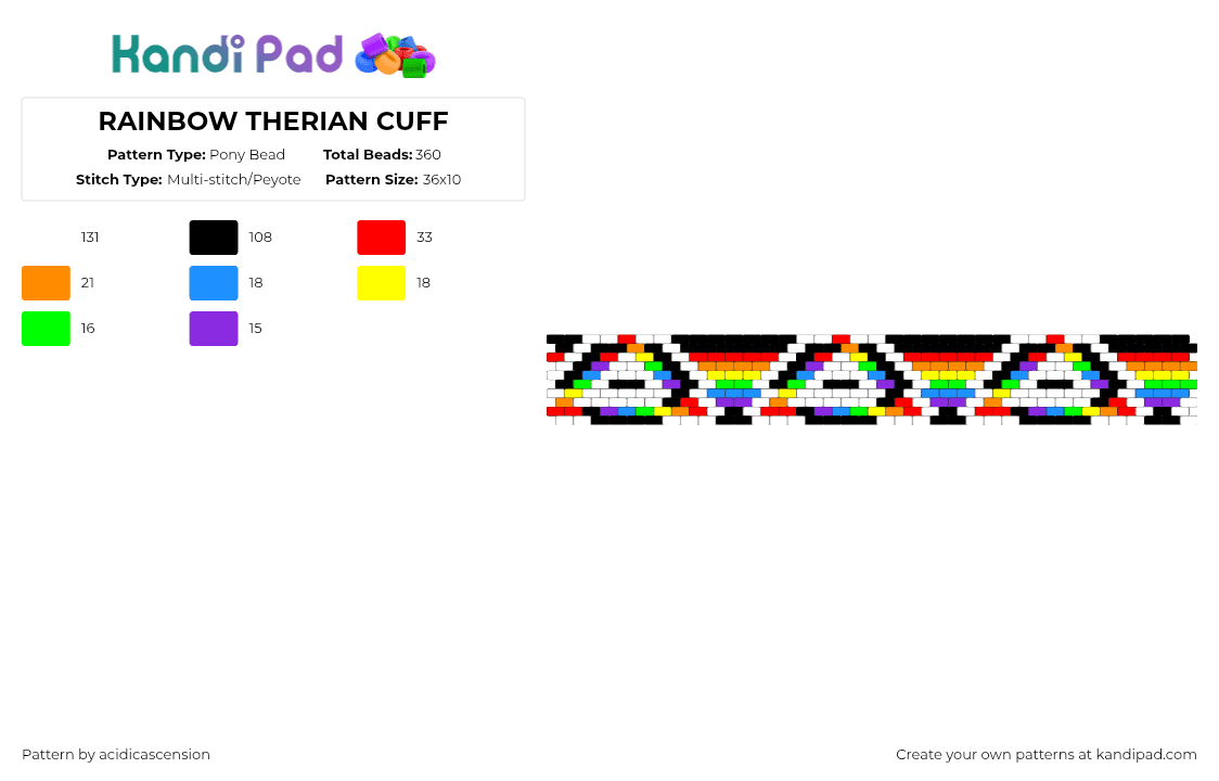 RAINBOW THERIAN CUFF - Pony Bead Pattern by acidicascension on Kandi Pad - white,red,orange