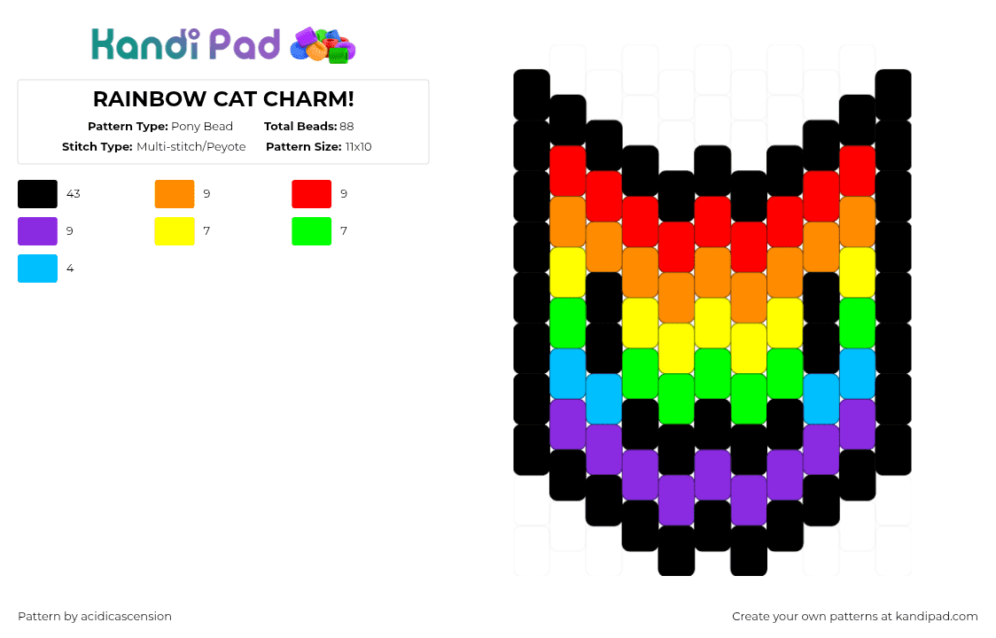 RAINBOW CAT CHARM! - Pony Bead Pattern by acidicascension on Kandi Pad - black,orange,red,colorful