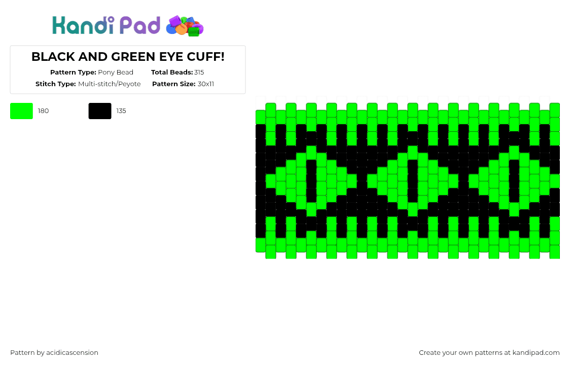BLACK AND GREEN EYE CUFF! - Pony Bead Pattern by acidicascension on Kandi Pad - green,black