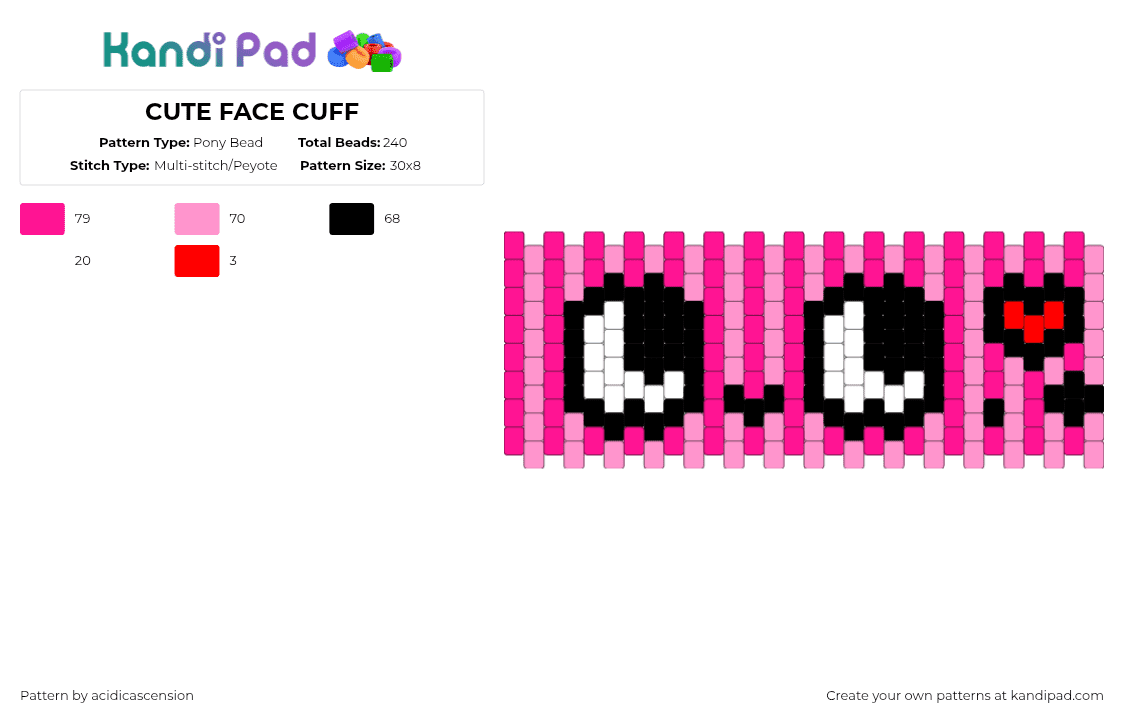 CUTE FACE CUFF - Pony Bead Pattern by acidicascension on Kandi Pad - pink