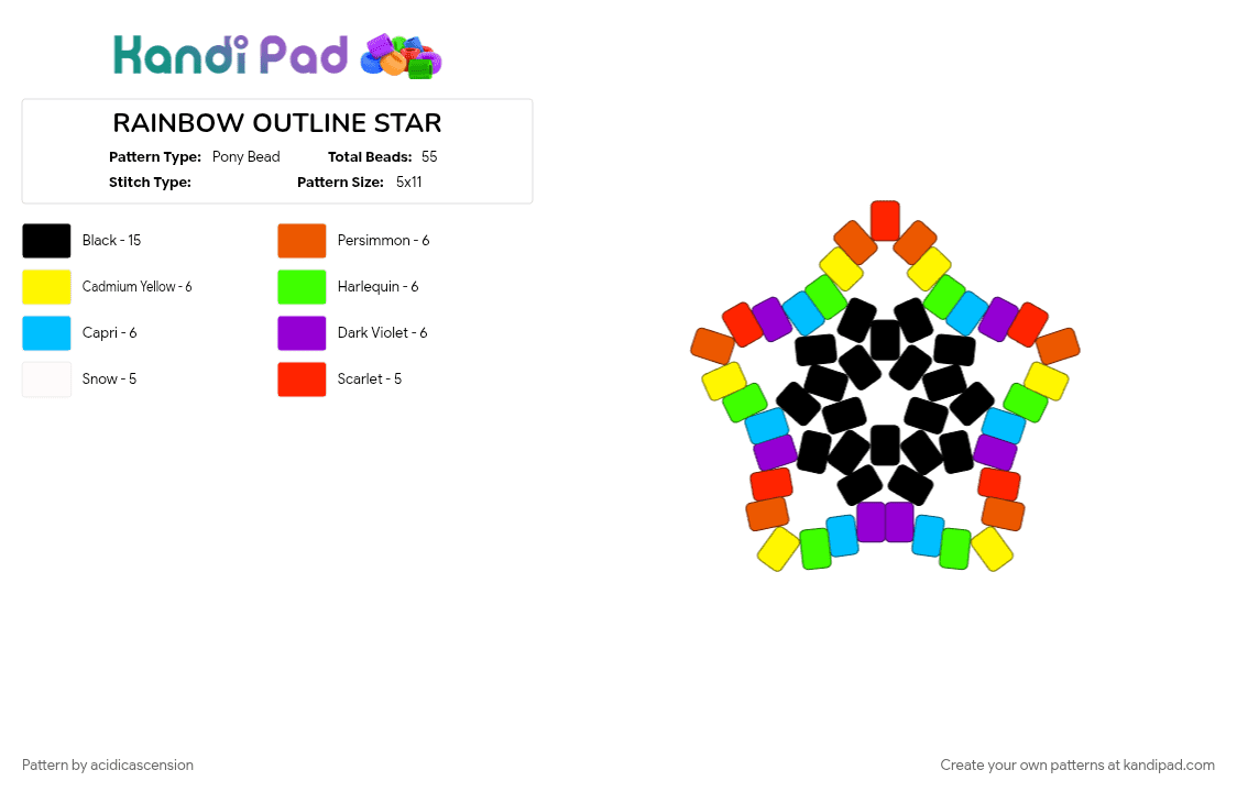 RAINBOW OUTLINE STAR - Pony Bead Pattern by acidicascension on Kandi Pad - colorful, light blue, necklace charm, outline, rainbow, star, stylized, yellow