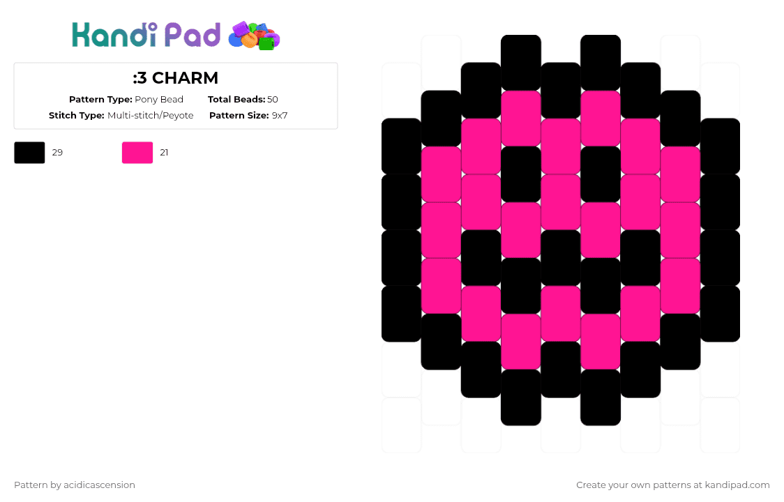 :3 CHARM - Pony Bead Pattern by acidicascension on Kandi Pad - smiley,face,charm,animal,cat,black,pink,cute,simple,emoticon