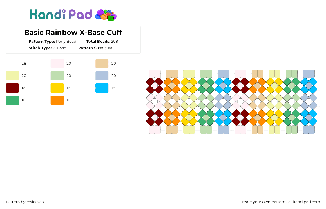 Basic Rainbow X-Base Cuff - Pony Bead Pattern by rosieaves on Kandi Pad - yellow,light blue,xbase,rainbow,cuff