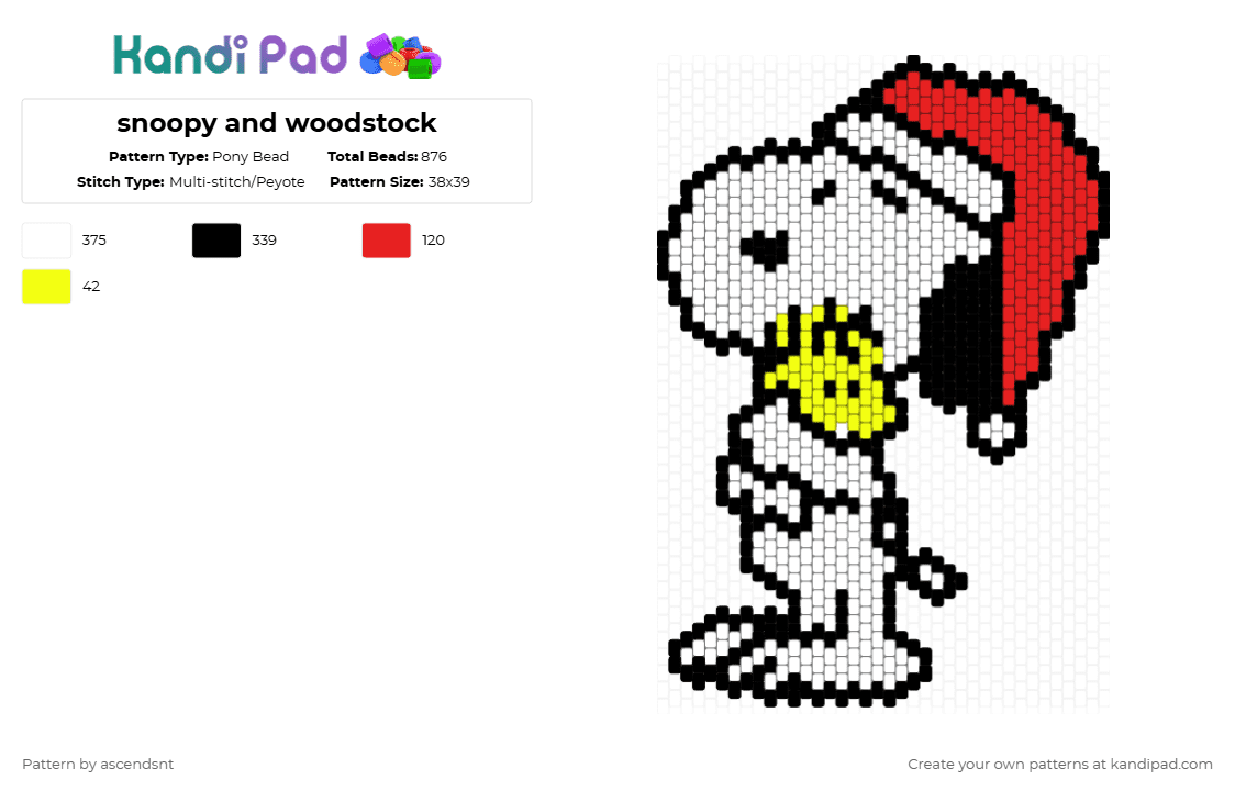 snoopy and woodstock - Pony Bead Pattern by ascendsnt on Kandi Pad - white,red