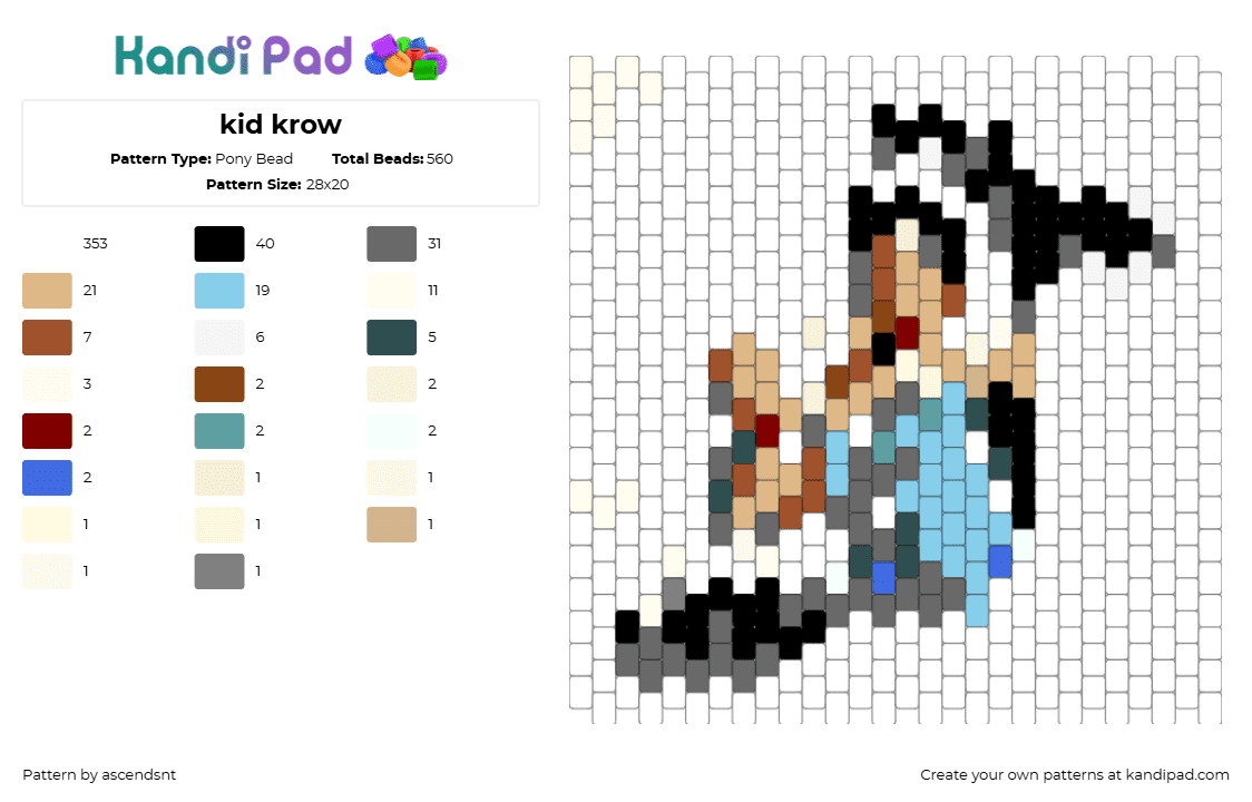 kid krow - Pony Bead Pattern by ascendsnt on Kandi Pad - white,gray,beige,light blue