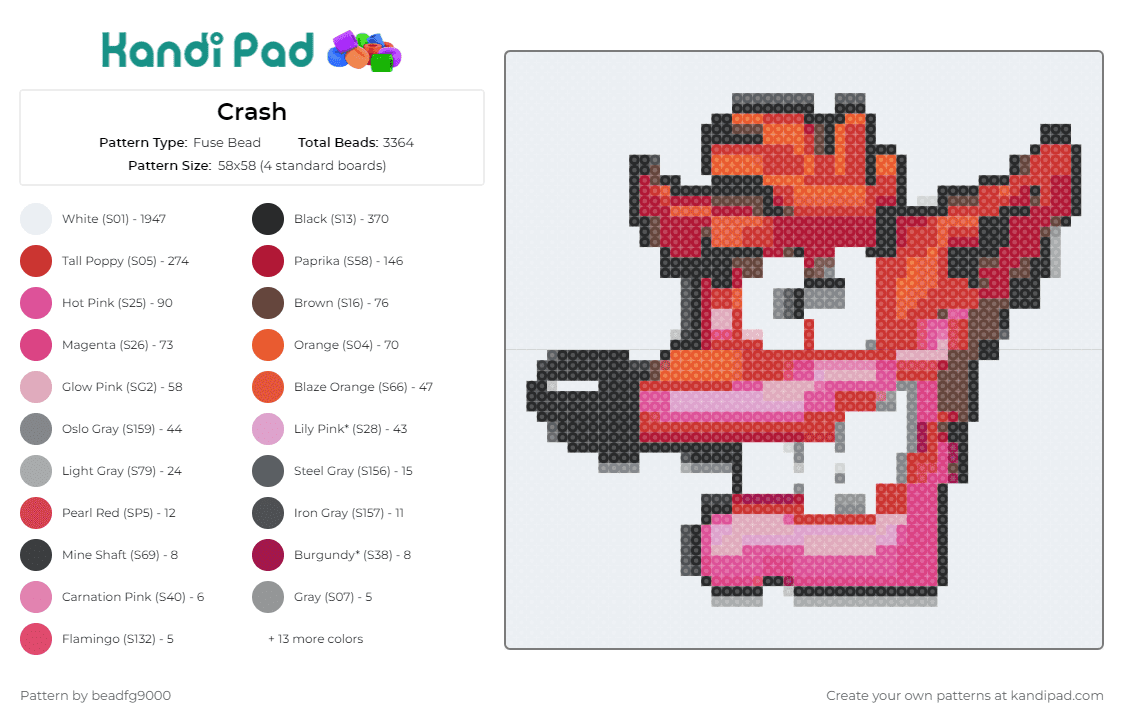 Crash - Fuse Bead Pattern by beadfg9000 on Kandi Pad - crash bandicoot,playstation,video game,adventure,nostalgia,iconic,gaming,console,orange
