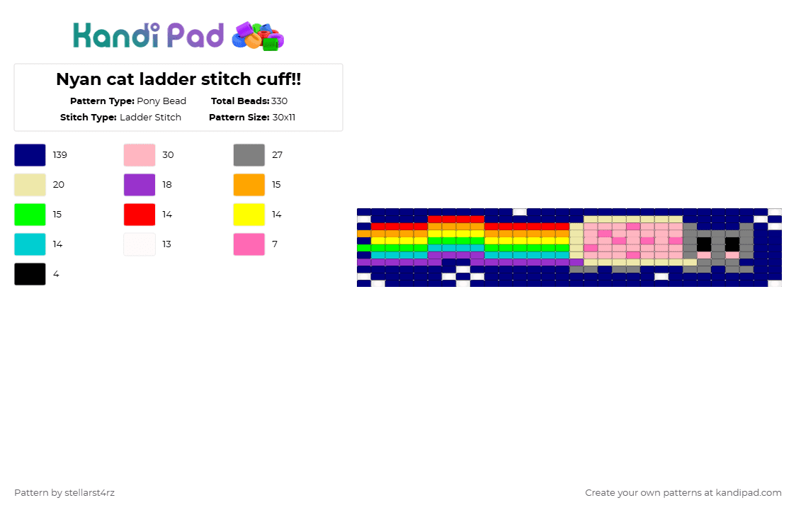 Nyan cat ladder stitch cuff!! - Pony Bead Pattern by stellarst4rz on Kandi Pad - pink,purple,nyan cat,nya,cat