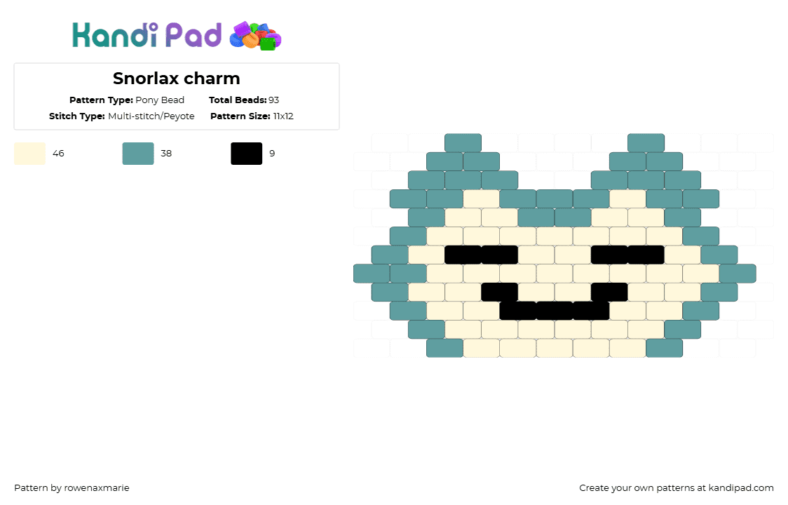 Snorlax charm - Pony Bead Pattern by rowenaxmarie on Kandi Pad - white,teal