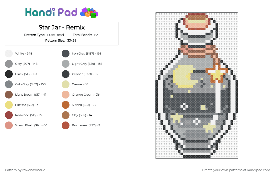 Star Jar - Remix - Fuse Bead Pattern by rowenaxmarie on Kandi Pad - gray,purple,moon,star,celestial,bottle,potion