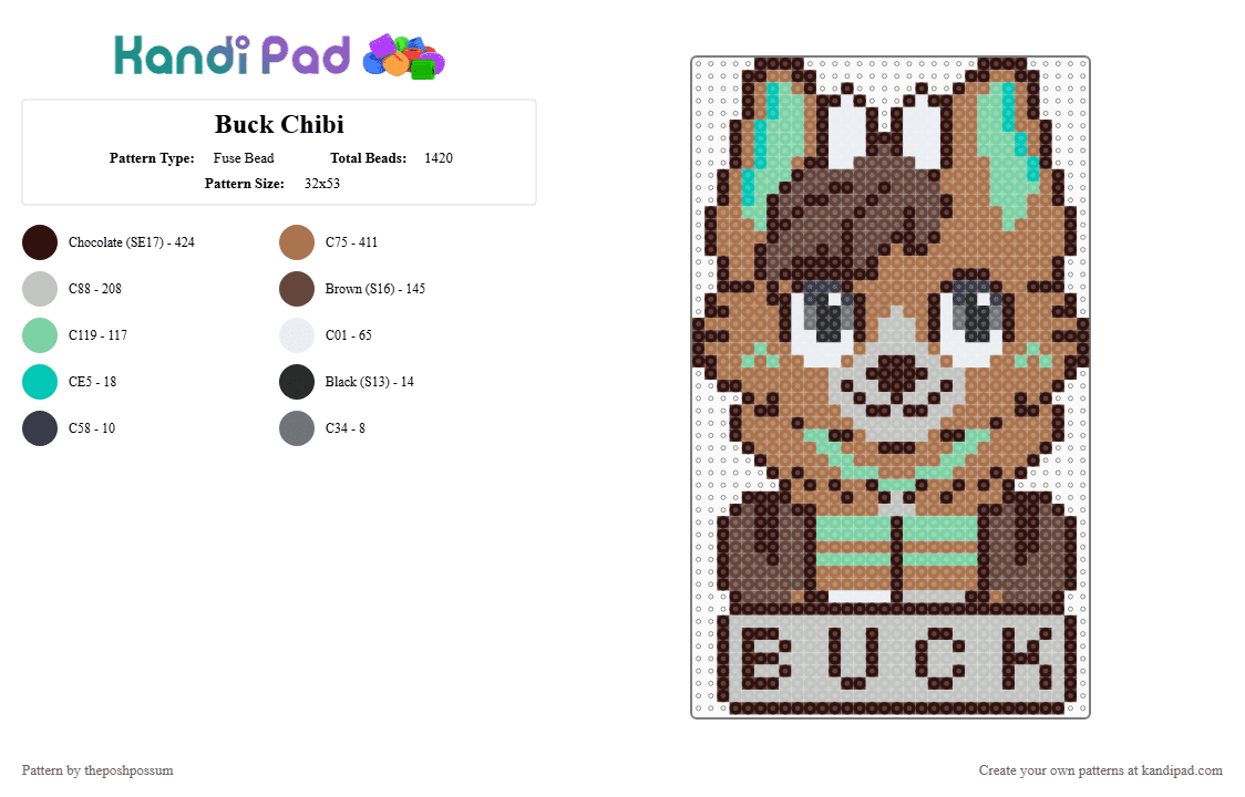 Buck Chibi - Fuse Bead Pattern by theposhpossum on Kandi Pad - brown,tan,beige,furry,fursona,chibi,cute