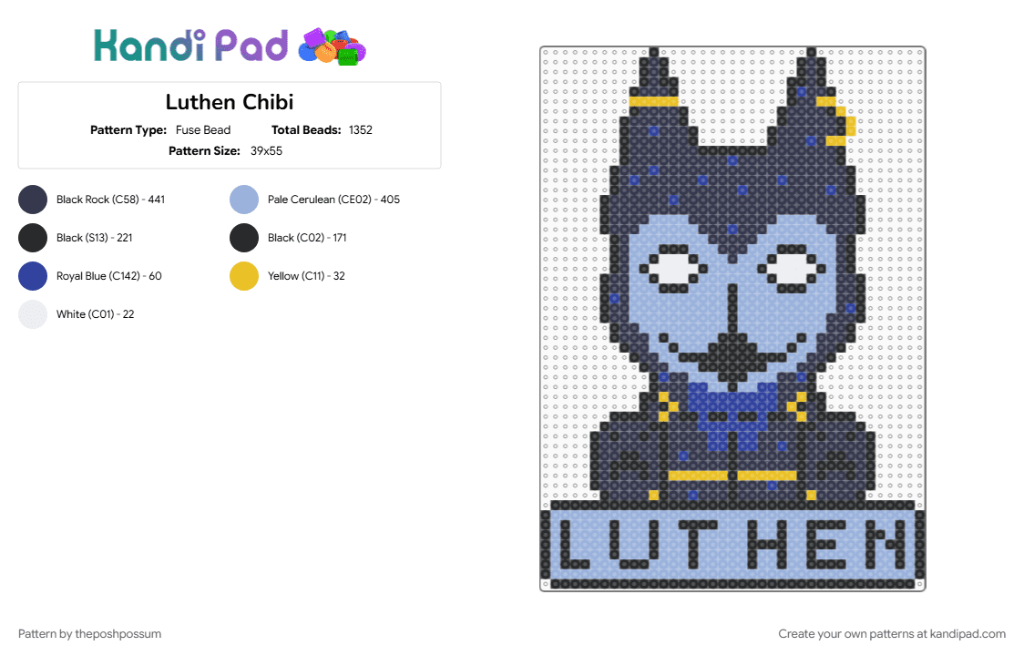 Luthen Chibi - Fuse Bead Pattern by theposhpossum on Kandi Pad - light blue, purple