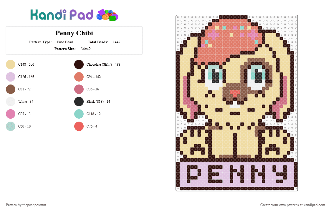 Penny Chibi - Fuse Bead Pattern by theposhpossum on Kandi Pad - brown,beige,pink