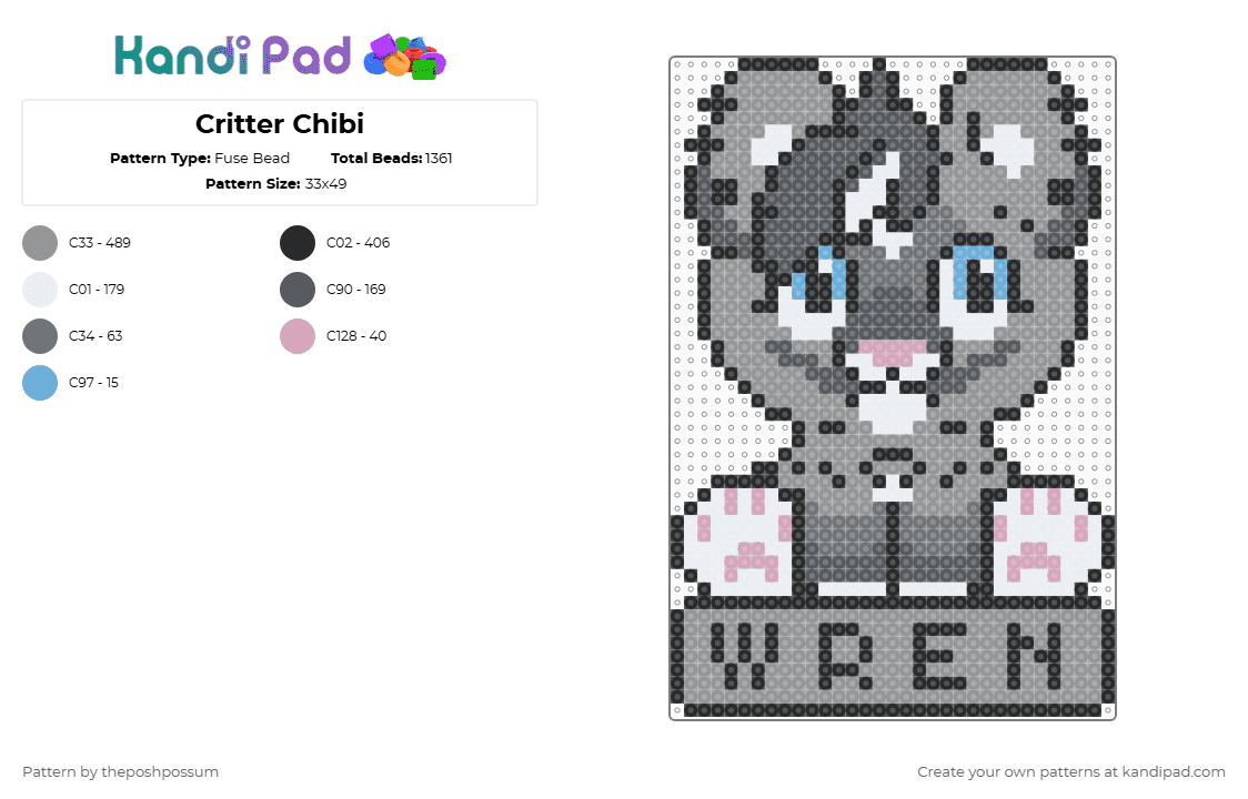 Wren Chibi - Fuse Bead Pattern by theposhpossum on Kandi Pad - gray
